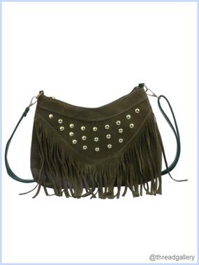 Boho Fringe Rivet Faux Suede Crossbody Shoulder Hobo Handbag Purse